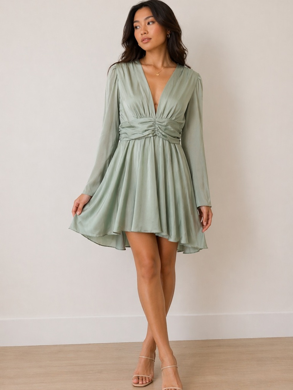 Amazon Sage Green Long Sleeve V-Neck Mini Dress
